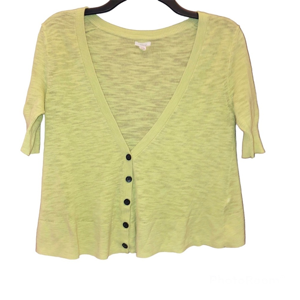 Aerie Button Front Short Sleeve V Neck Light cardigan Neon Green Yellow XS